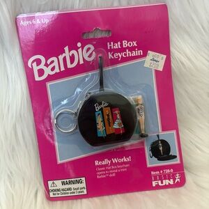 1999 Barbie Basic Fun Vintage Style Hat Box Keychain with Tiny Doll